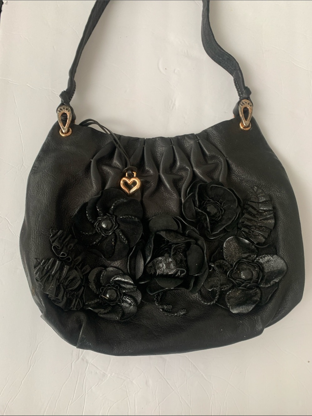 Black Floral Appliqué Shoulder Bag - Women's Handbag Brighton